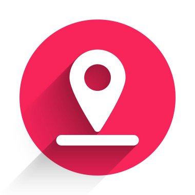 Beyaz Harita iğne simgesi uzun gölgeli. Navigasyon, işaret, konum, harita, GPS, yön, yer, pusula, arama konsepti. Kırmızı daire düğmesi. Vektör İllüstrasyonu