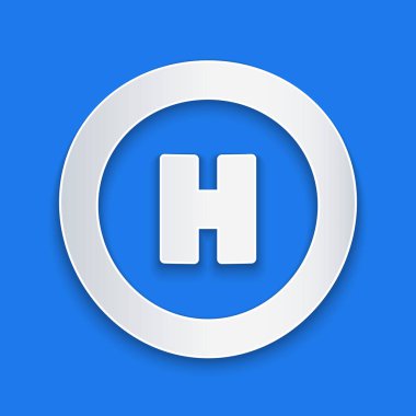 Kağıt kesiği helikopter iniş pisti simgesi mavi arka planda izole edildi. Helikopter pisti, alan, platform, H harfi. Kağıt sanatı tarzı. Vektör İllüstrasyonu