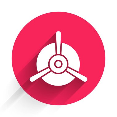 Beyaz Uçak ikonu uzun gölgeli izole edilmiş. Klasik uçak pervanesi. Kırmızı daire düğmesi. Vektör İllüstrasyonu