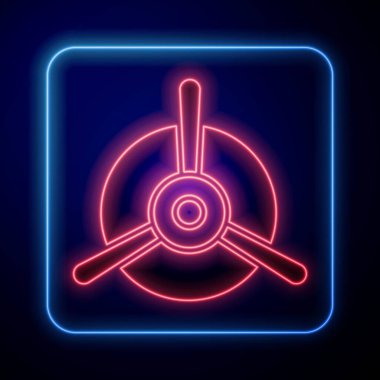 Parlayan neon uçak pervane simgesi mavi arkaplanda izole edildi. Klasik uçak pervanesi. Vektör İllüstrasyonu