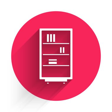 Beyaz Kütüphane kitaplığı simgesi uzun gölgeli izole edilmiş. Kırmızı daire düğmesi. Vektör İllüstrasyonu