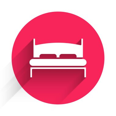 İki kişilik beyaz büyük yatak ya da uzun gölgeli bir ikon. Kırmızı daire düğmesi. Vektör İllüstrasyonu