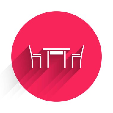 Uzun gölgeli, sandalye simgesi olan beyaz ahşap masa. Kırmızı daire düğmesi. Vektör İllüstrasyonu