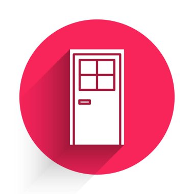 Beyaz kapalı kapı simgesi uzun gölgeli izole edilmiş. Kırmızı daire düğmesi. Vektör İllüstrasyonu