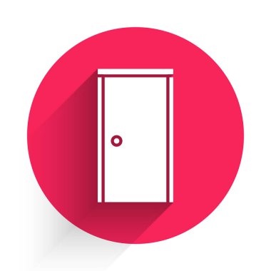 Beyaz kapalı kapı simgesi uzun gölgeli izole edilmiş. Kırmızı daire düğmesi. Vektör İllüstrasyonu