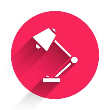 Beyaz masa lambası ikonu uzun gölgeli izole edilmiş. Kırmızı daire düğmesi. Vektör İllüstrasyonu