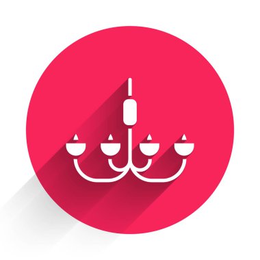 Beyaz Avize simgesi uzun gölgeli izole edilmiş. Kırmızı daire düğmesi. Vektör İllüstrasyonu