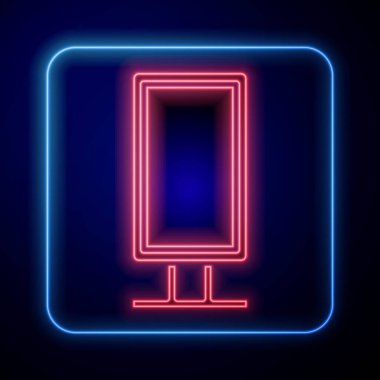 Parlayan neon büyük ayna yatak odası, mağazalar, sahne arkası ikonu mavi arka planda izole. Vektör İllüstrasyonu