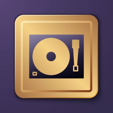 Mor arka planda izole edilmiş vinil disk simgesi olan mor Vinil oynatıcı. Altın kare düğme. Vektör İllüstrasyonu