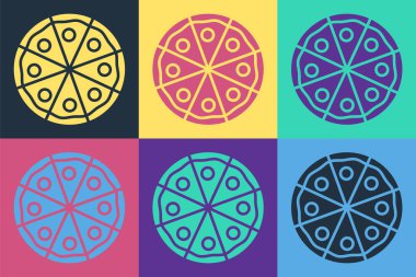Pop Art Pizza simgesi renk arkaplanda izole edilmiş. Fast food menüsü. Vektör İllüstrasyonu