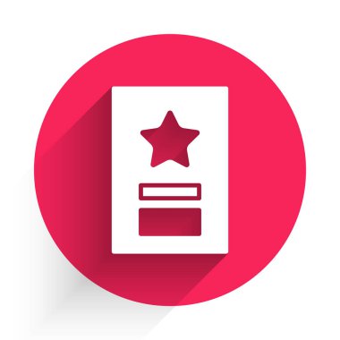 Uzun gölgeli beyaz tebrik kartı simgesi. Kutlama için davetiye ya da tebrik kartı şablonu. Kırmızı daire düğmesi. Vektör İllüstrasyonu