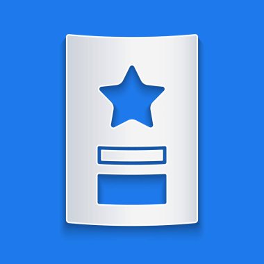 Kağıt kesiği Tebrik kartı simgesi mavi arkaplanda izole edildi. Kutlama için davetiye ya da tebrik kartı şablonu. Kağıt sanatı tarzı. Vektör İllüstrasyonu