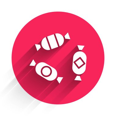 Beyaz Şeker ikonu uzun gölgeli. Kırmızı daire düğmesi. Vektör İllüstrasyonu