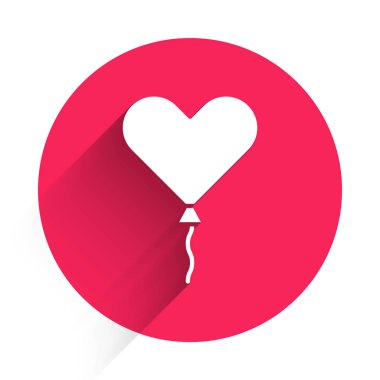 Kalp şeklinde beyaz balon, uzun gölgeyle izole edilmiş kurdele ikonu. Sevgililer Günü. Kırmızı daire düğmesi. Vektör İllüstrasyonu