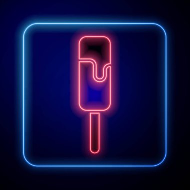 Parlayan neon dondurma ikonu mavi arka planda izole edilmiş. Güzel sembol. Vektör İllüstrasyonu