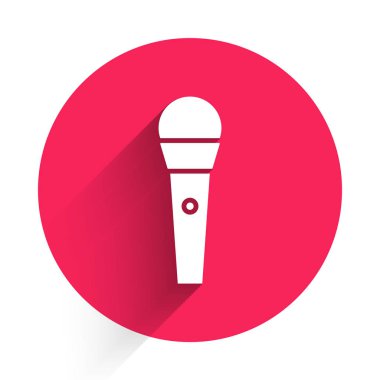 Beyaz Karaoke simgesi uzun gölgeli izole edilmiş. Mikrofon ve monitör. Kırmızı daire düğmesi. Vektör İllüstrasyonu