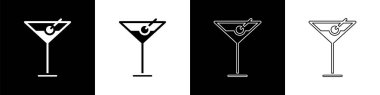 Martini cam simgesini siyah beyaz arka planda yalıtılmış olarak ayarlayın. Kokteyl simgesi. Şarap bardağı simgesi. Vektör İllüstrasyonu