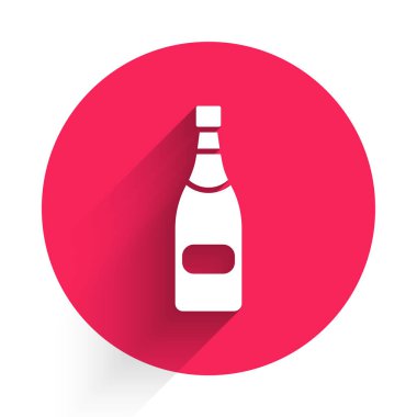 Uzun gölgeli beyaz şampanya ikonu. Kırmızı daire düğmesi. Vektör İllüstrasyonu