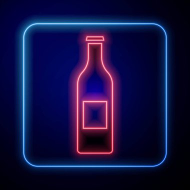 Parlayan neon bira şişesi ikonu mavi arka planda izole edildi. Vektör İllüstrasyonu