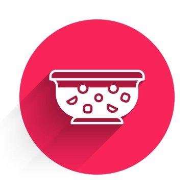 Kase ikonunda taze meyve ve uzun gölgeli beyaz kokteyl. Kırmızı daire düğmesi. Vektör İllüstrasyonu