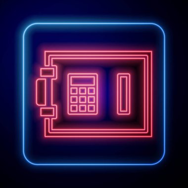 Parlayan neon kasa simgesi mavi arkaplanda izole edildi. Kapı, şifreli bir banka kasası. Güvenilir Veri Koruma. Vektör İllüstrasyonu