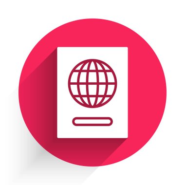 Uzun gölgeli, biyometrik veri simgesine sahip beyaz pasaport. Kimlik Belgesi. Kırmızı daire düğmesi. Vektör İllüstrasyonu