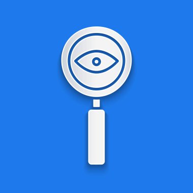 Kağıt kesiği büyüteç simgesi mavi arkaplanda izole edilmiş. Arama, odaklanma, yakınlaştırma, iş sembolü. Kağıt sanatı tarzı. Vektör İllüstrasyonu