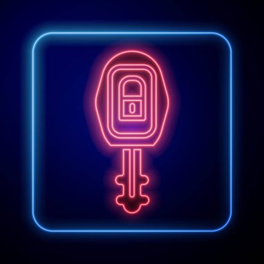 Mavi arka planda izole edilmiş uzaktan kumandalı parlak neon araba anahtarı. Araba anahtarı ve alarm sistemi. Vektör İllüstrasyonu