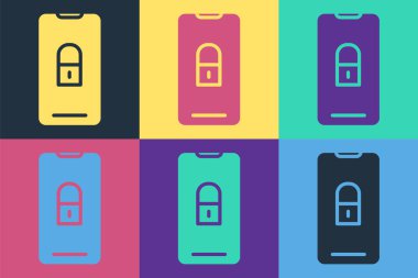 Kapalı asma kilit simgesine sahip Pop Art Smartphone renk arkaplanda izole edildi. Kilitli telefon. Gezici güvenlik, güvenlik, koruma konsepti. Vektör İllüstrasyonu
