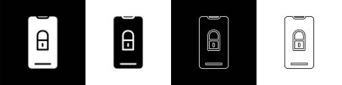 Akıllı Telefon'u siyah beyaz arka planda yalıtılmış kapalı asma kilit simgesiyle ayarlayın. Kilitli telefon. Mobil güvenlik, güvenlik, koruma konsepti. Vektör İllüstrasyonu