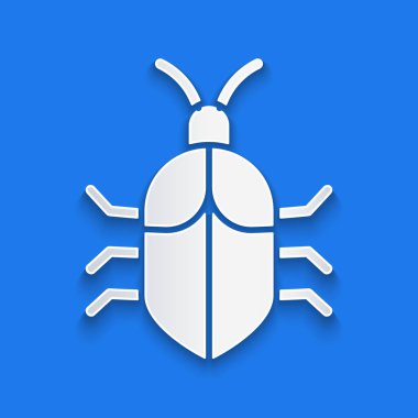 Kağıt kesme Sistem hata konsepti simgesi mavi arkaplanda izole edildi. Kod hatası konsepti. Sistemde hata var. Böcek araması. Kağıt sanatı tarzı. Vektör İllüstrasyonu