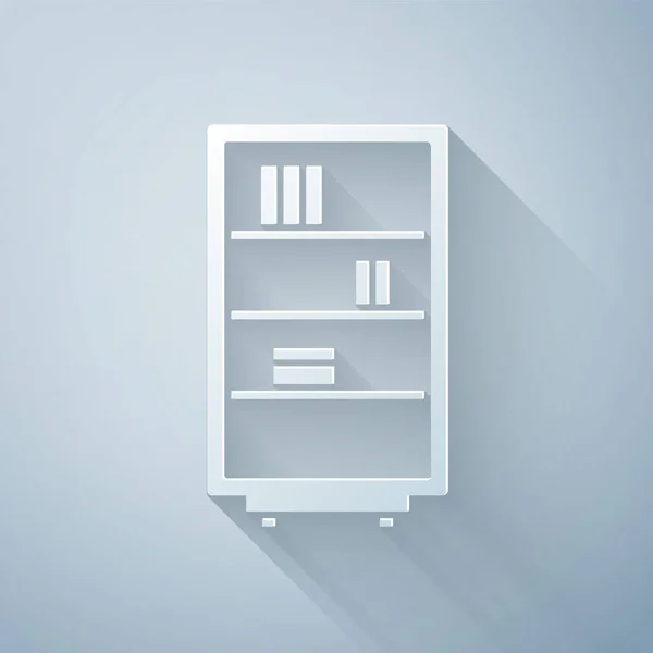 Paper cut Library bookshelf icon isolated on grey background. Paper art style. Vector Illustration