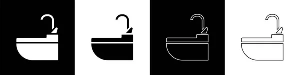 Установить Умывальник Иконкой Водопроводного Крана Изолированной Черно Белом Фоне Векторная — стоковый вектор