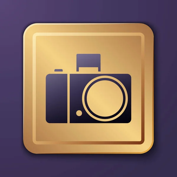 Paarse Fotocamera Pictogram Geïsoleerd Paarse Achtergrond Foto Camera Icoon Gouden — Stockvector