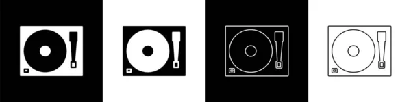 Set Plattenspieler Mit Einem Plattensymbol Isoliert Auf Schwarzem Und Weißem — Stockvektor