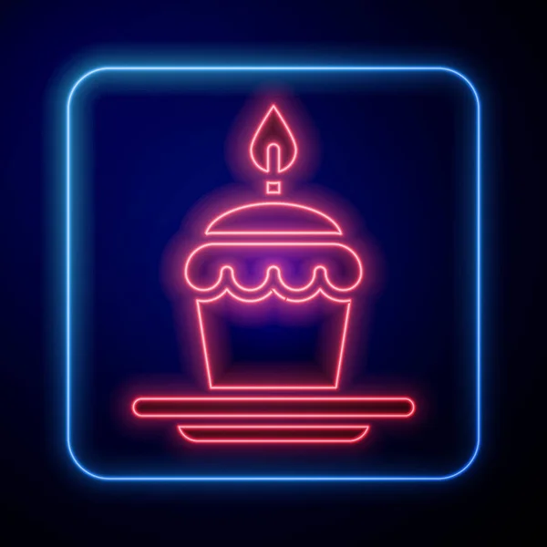 Gloeiende Neon Cake Met Brandende Kaarsen Pictogram Geïsoleerd Blauwe Achtergrond — Stockvector