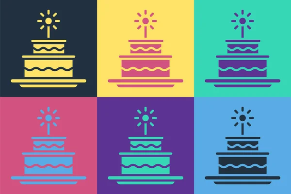 Pop Art Cake Płonących Świec Ikona Izolowane Tle Koloru Wszystkiego — Wektor stockowy