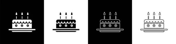 Set Pastel Con Velas Encendidas Icono Aislado Fondo Blanco Negro — Vector de stock