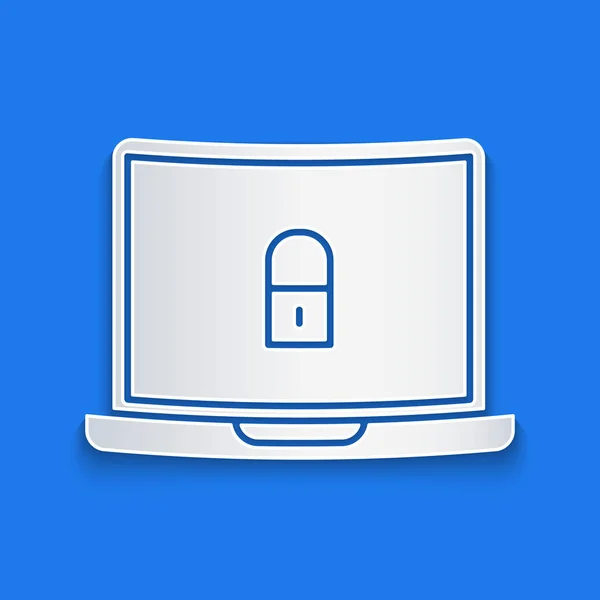 Paper Cut Laptop Lock Icon Isolated Blue Background Computer Padlock — Wektor stockowy