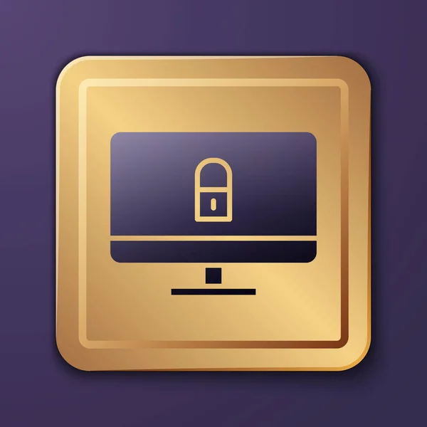 Purple Lock Computer Monitor Scherm Pictogram Geïsoleerd Paarse Achtergrond Beveiliging — Stockvector