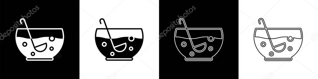 Set Mixed punch with fresh fruits in bowl icon isolated on black and white background. Vector Illustration