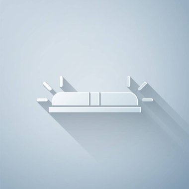 Kağıt kesiği, gri arka planda izole edilmiş Flasher siren simgesi. Acil durum sireni. Kağıt sanatı tarzı. Vektör İllüstrasyonu