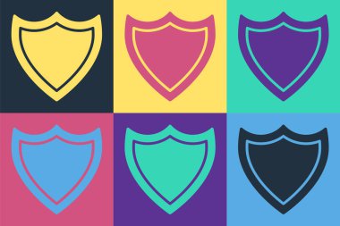 Pop sanat kalkanı simgesi renk arkaplanında izole edildi. Gardiyan. Güvenlik, güvenlik, koruma, gizlilik kavramı. Vektör İllüstrasyonu