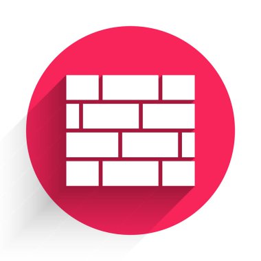 Beyaz Tuğla simgesi uzun gölgeli izole edilmiş. Kırmızı daire düğmesi. Vektör İllüstrasyonu