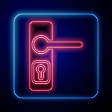 Parlayan neon kapı kolu simgesi mavi arkaplanda izole edildi. Kapı kilidi işareti. Vektör İllüstrasyonu