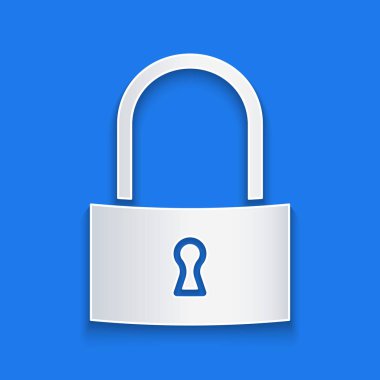 Mavi arka planda yalıtılmış kağıt kesme kilit simgesi. Asma kilit işareti. Güvenlik, emniyet, koruma, gizlilik konsepti. Kağıt sanatı tarzı. Vektör Illustration