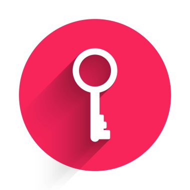 Uzun gölgeli beyaz eski anahtar simgesi. Kırmızı daire düğmesi. Vektör İllüstrasyonu