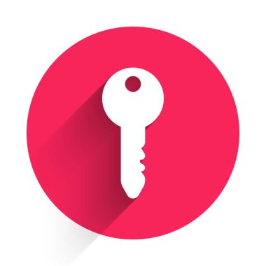 Beyaz Anahtar simgesi uzun gölgeli izole edilmiş. Kırmızı daire düğmesi. Vektör İllüstrasyonu