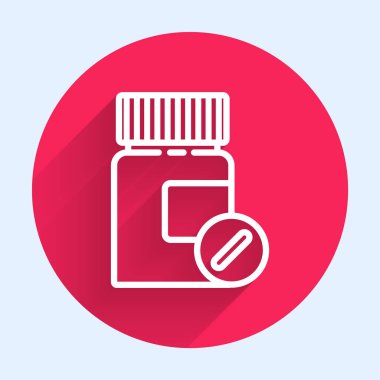 Beyaz çizgi ilaç şişesi ve uzun gölgeli ilaç ikonu. Şişe hapı işareti. Eczane tasarımı. Kırmızı daire düğmesi. Vektör İllüstrasyonu