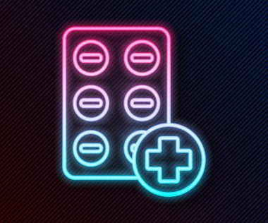 Parlayan neon çizgisi hapları siyah arka planda izole edilmiş. İlaç paketi. Tablet, vitamin, antibiyotik, aspirin. Vektör İllüstrasyonu